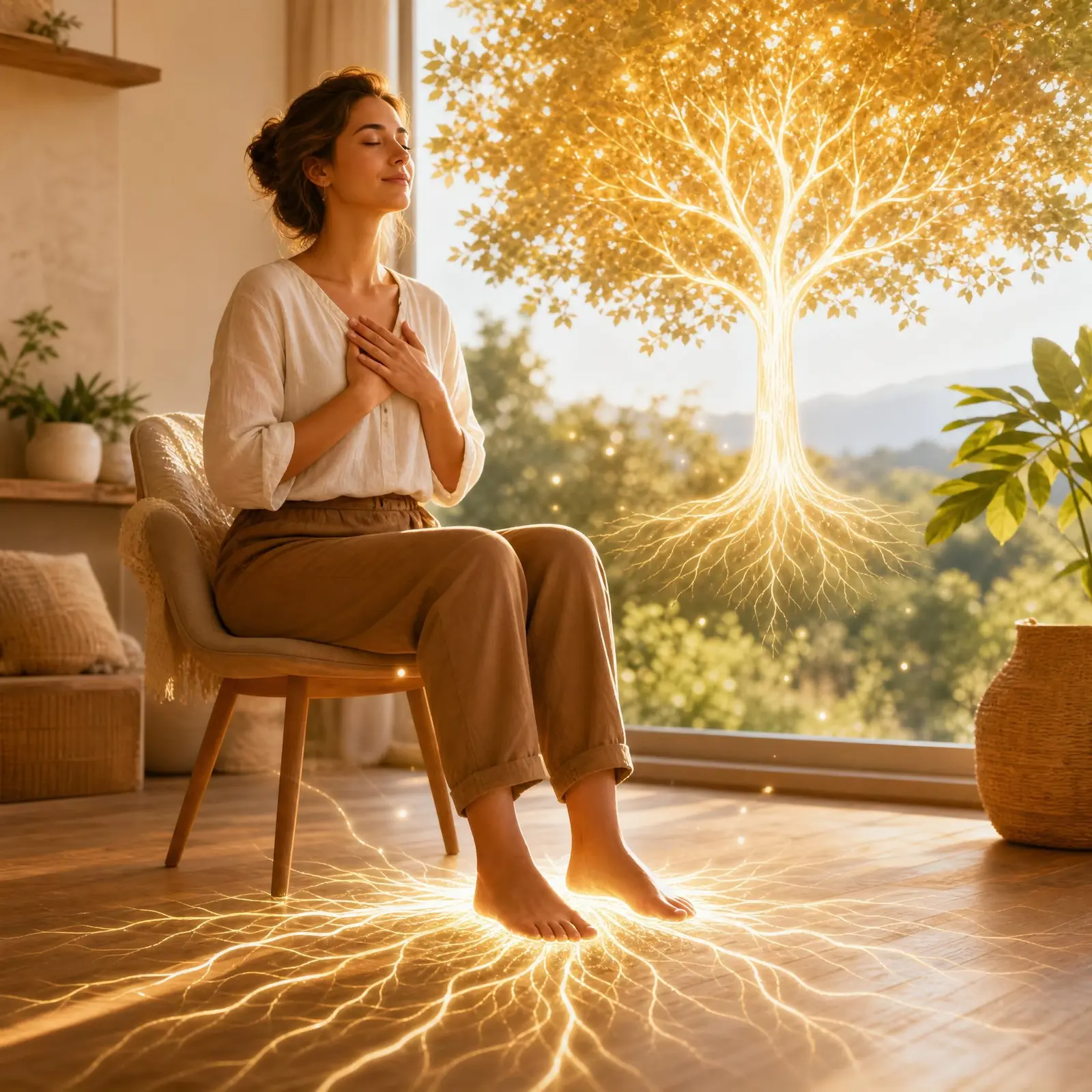 Femme assise pieds nus, une main sur le cœur et les yeux fermés, avec un arbre lumineux et des racines dorées qui s'étendent au sol : visualisation d'ancrage