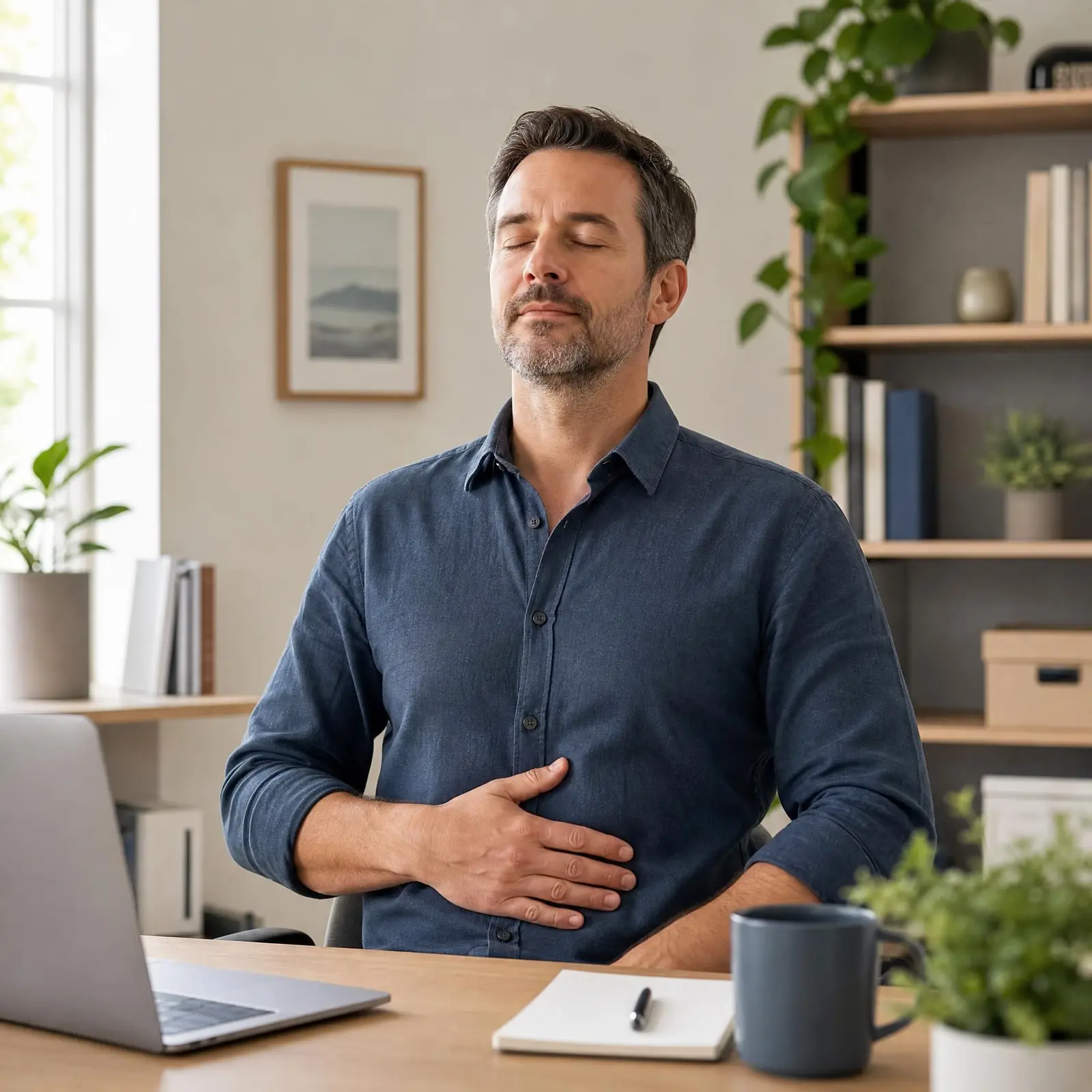 Homme d'une quarantaine d'années assis à son bureau, les yeux fermés, une main sur le ventre, en pause respiration devant un ordinateur portable