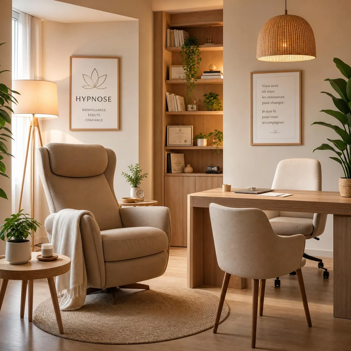 Cabinet d'hypnose chaleureux aux tons beige et bois clair, fauteuil confortable, plantes vertes et lumière naturelle douce