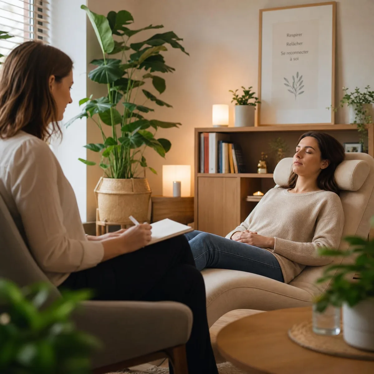 Séance d'accompagnement : une femme détendue dans un fauteuil inclinable face à une praticienne qui prend des notes, dans un cabinet chaleureux