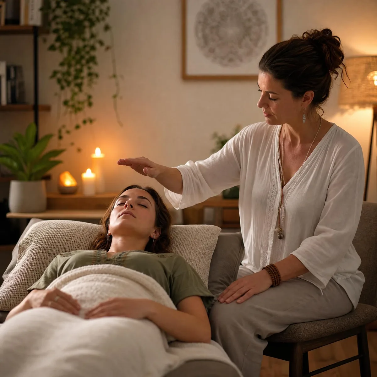 Praticienne qui pose une main au-dessus d'une personne allongée sous une couverture, dans une pièce chaleureuse éclairée de bougies