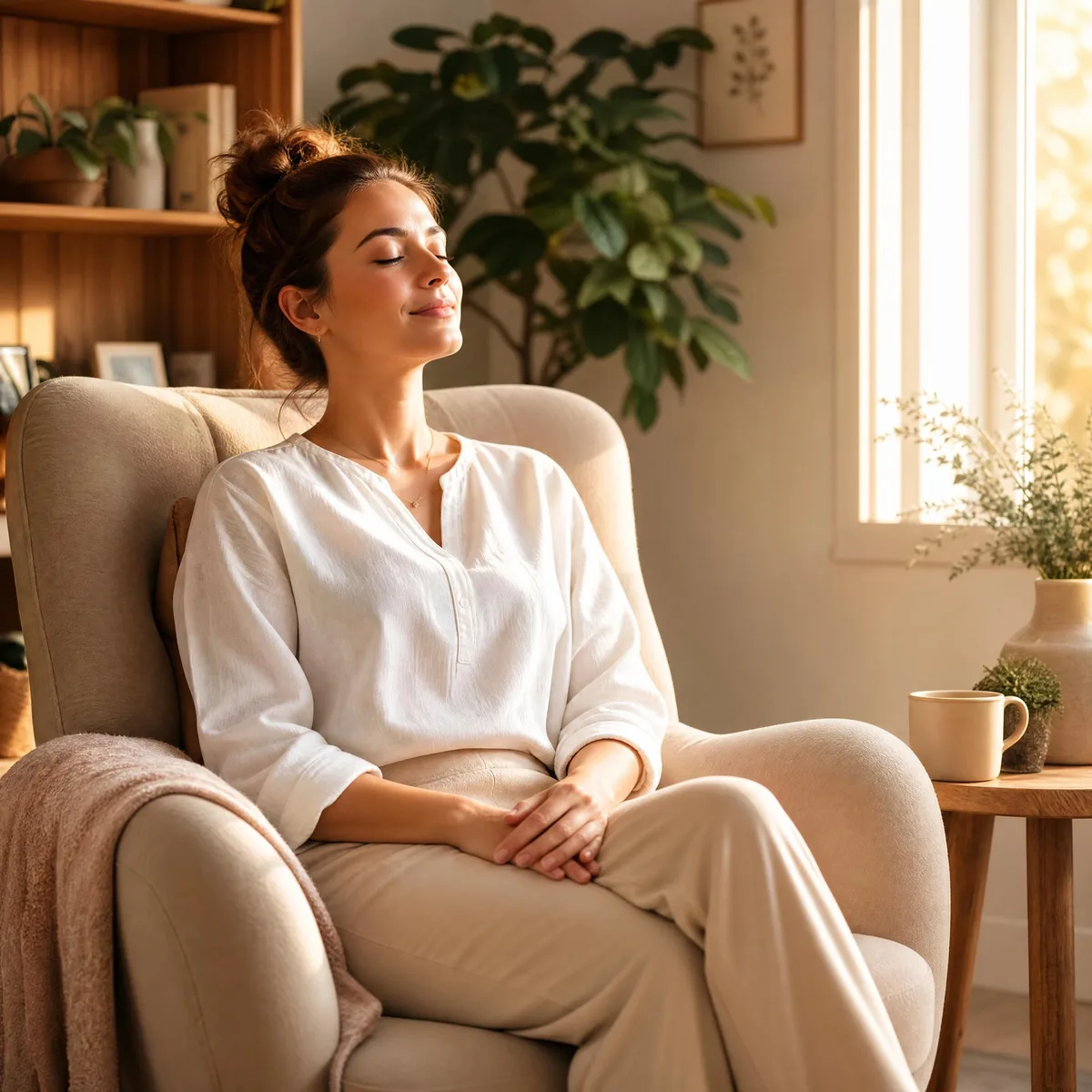 Femme souriante dans un fauteuil beige avec une tasse à côté d'elle, dans un salon lumineux aux plantes vertes