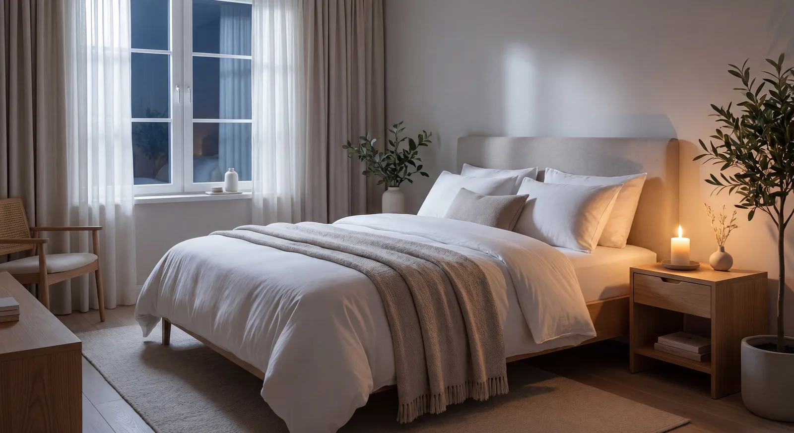 Chambre apaisante aux tons neutres, lit aux draps blancs et bougie allumée sur la table de chevet, pour préparer un sommeil calme