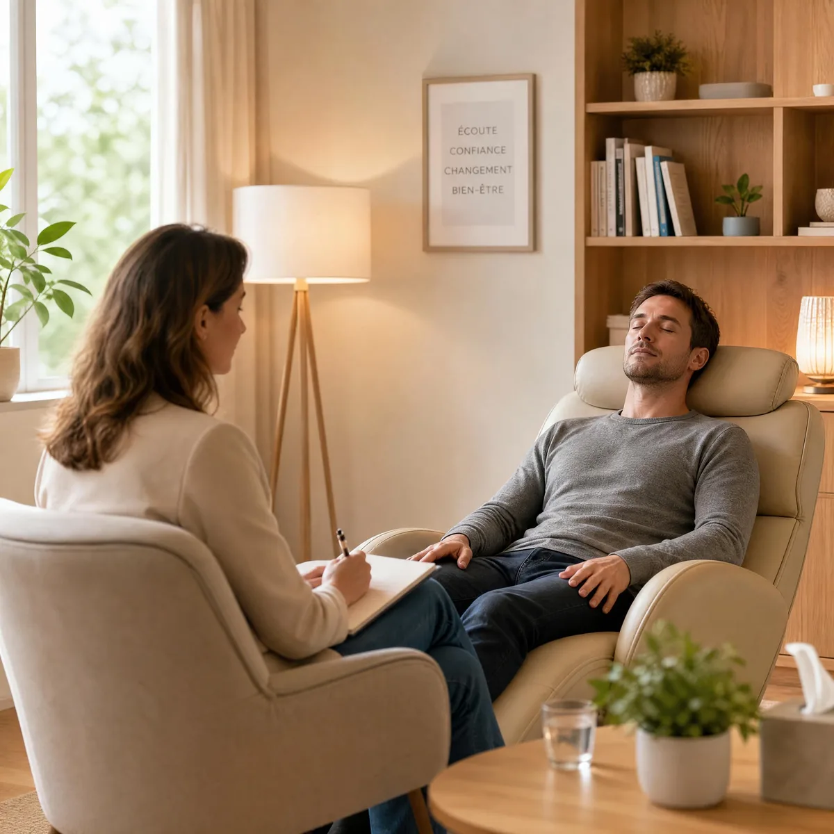 Séance d'hypnose : un homme détendu dans un fauteuil inclinable, face à une praticienne qui prend des notes, dans un cabinet chaleureux